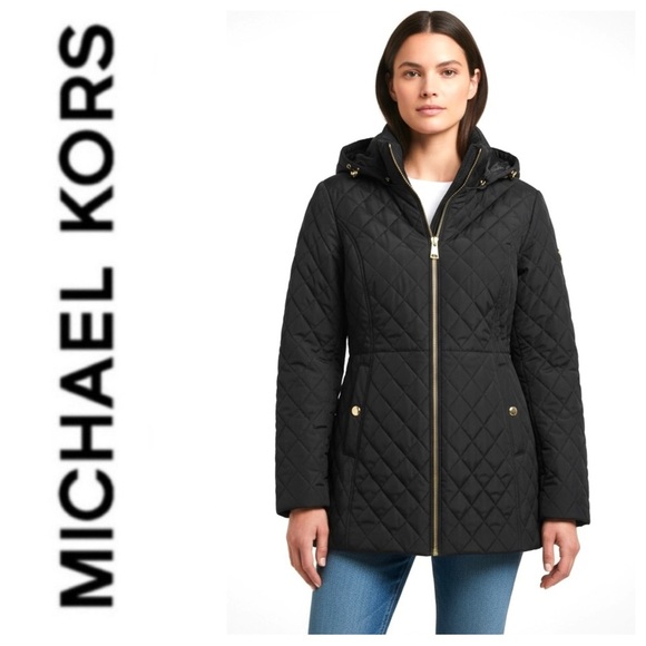 Michael Kors Black Quilted Zip-up Jacket with Removable Hood Size Large - Picture 1 of 13